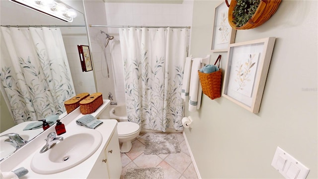 full bathroom featuring shower / tub combo with curtain, vanity, tile patterned flooring, and toilet