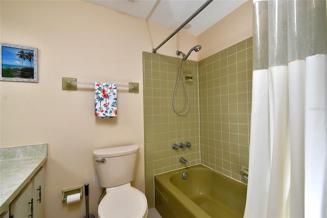 full bathroom featuring shower / bath combination with curtain, vanity, and toilet