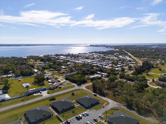 aerial view featuring a water view and a residential view