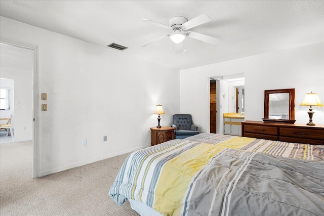 bedroom featuring visible vents, ceiling fan, light carpet, and baseboards