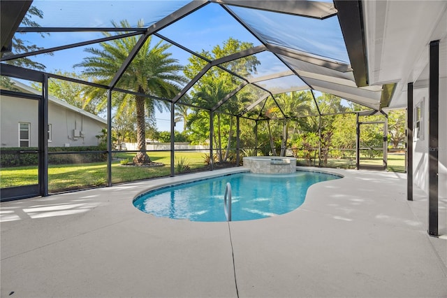 view of swimming pool with a patio, a lawn, and a lanai