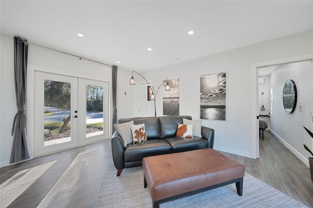 living room with hardwood / wood-style flooring and french doors