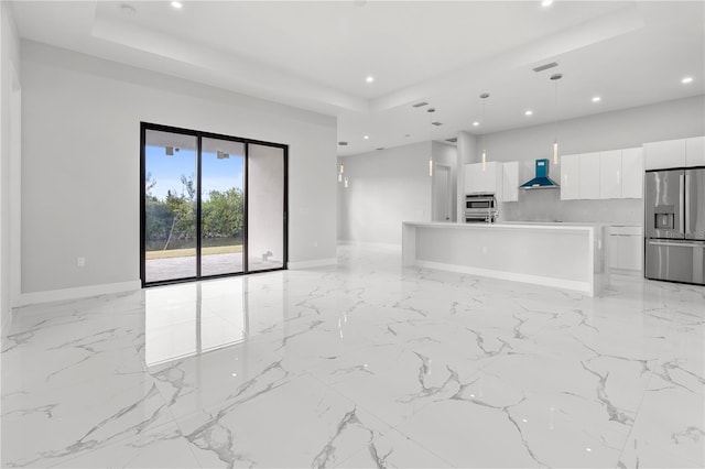 unfurnished living room with recessed lighting, marble finish floor, visible vents, and baseboards