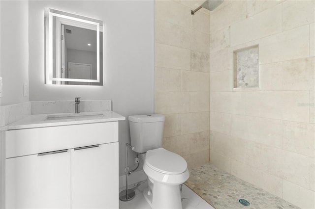 full bathroom with toilet, visible vents, vanity, marble finish floor, and tiled shower