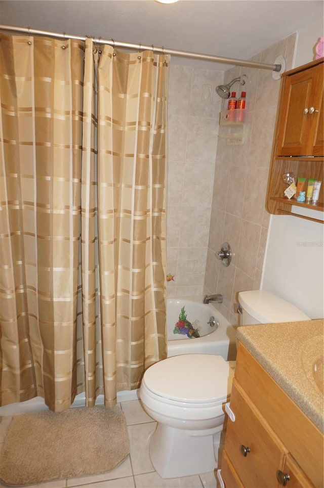 bathroom with tile patterned flooring, vanity, and shower / tub combo with curtain