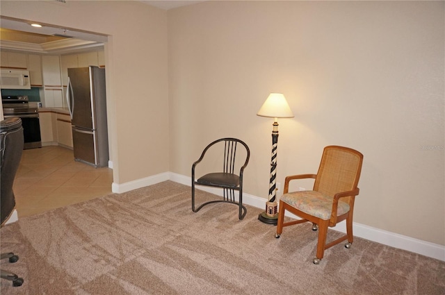 living area featuring light colored carpet and a tray ceiling