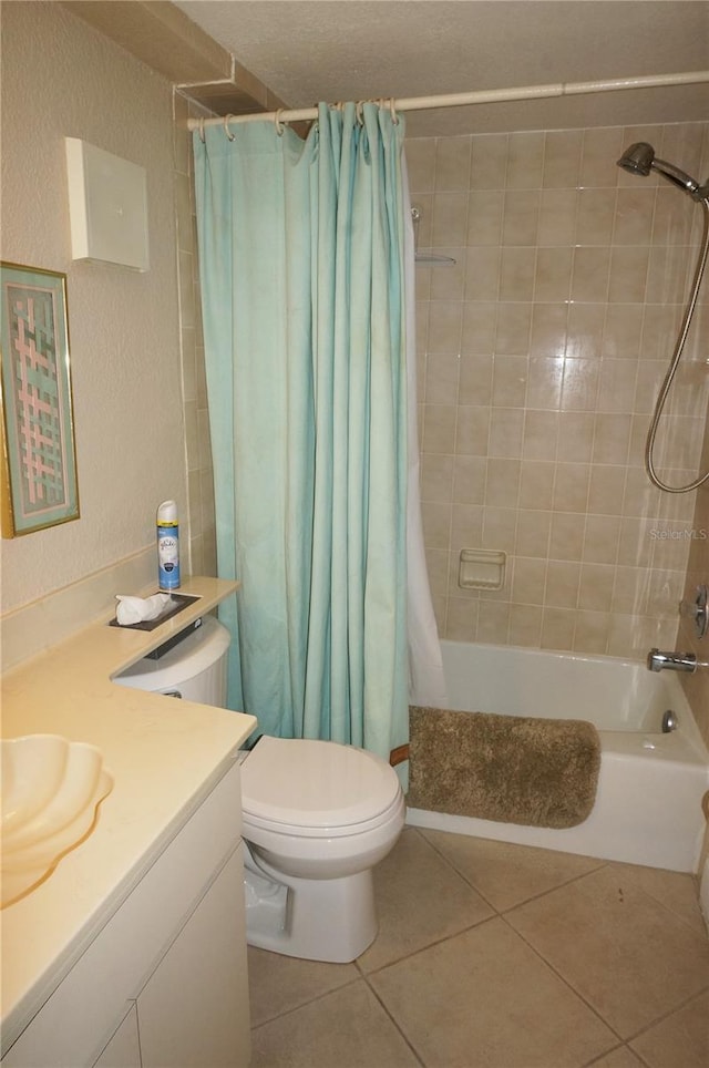 full bathroom featuring vanity, tile patterned flooring, toilet, and shower / bathtub combination with curtain