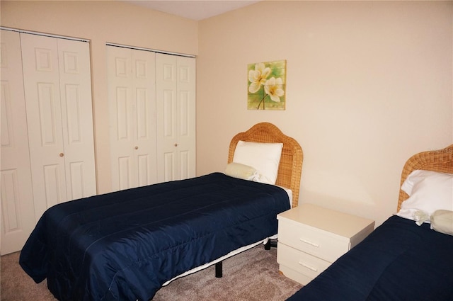 bedroom featuring carpet flooring and two closets