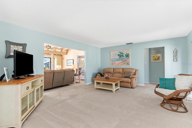 living room featuring light colored carpet