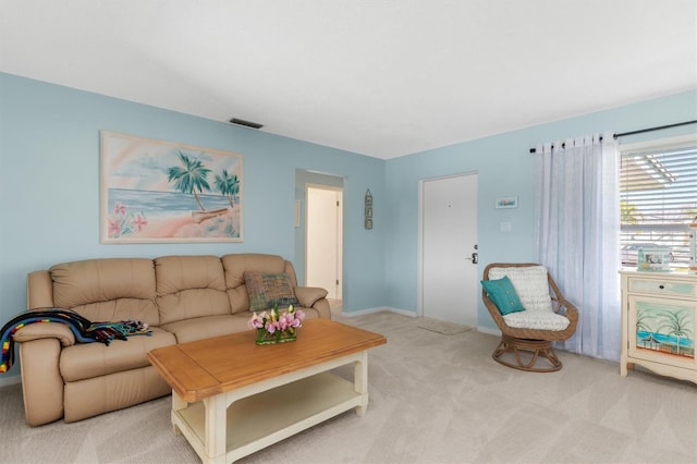 living room with light colored carpet