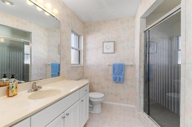 bathroom with vanity, toilet, an enclosed shower, and tile patterned flooring