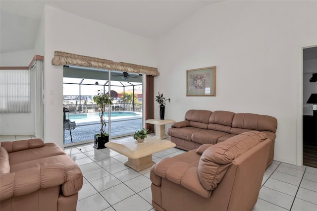 tiled living room with vaulted ceiling