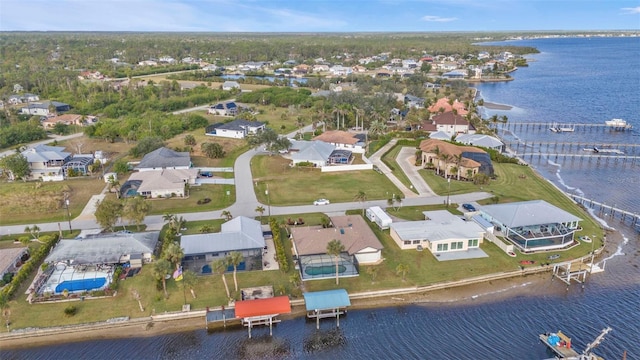 drone / aerial view featuring a water view