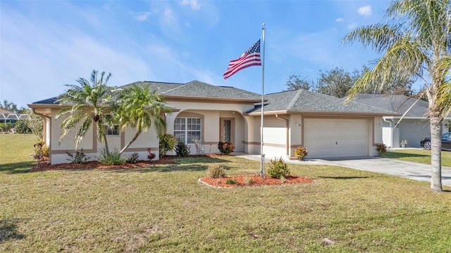 ranch-style house with a garage and a front lawn