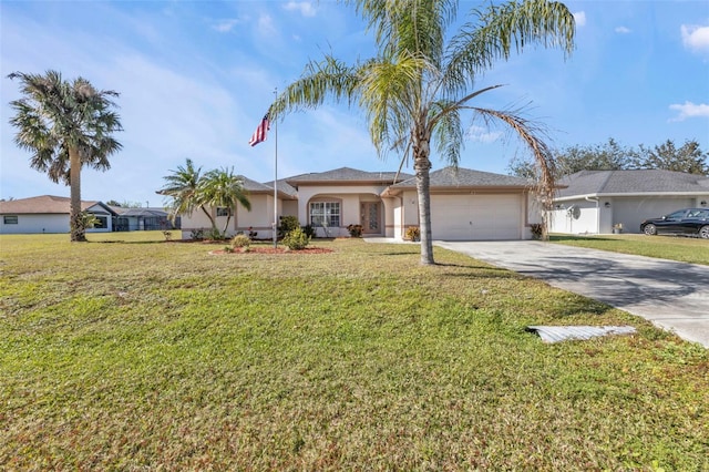 ranch-style house featuring a garage and a front lawn