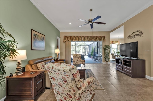 tiled living room featuring ceiling fan with notable chandelier and ornamental molding