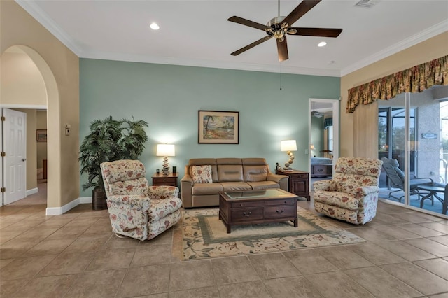 living room featuring crown molding and light tile patterned flooring