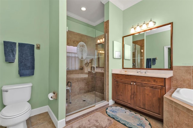 full bathroom with vanity, separate shower and tub, toilet, crown molding, and tile patterned floors