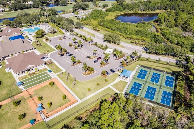 aerial view featuring a water view