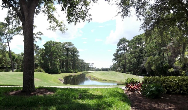 surrounding community with a yard and a water view