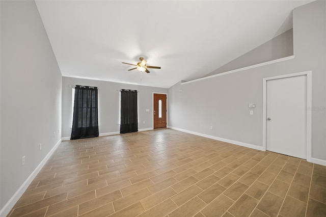 unfurnished living room with vaulted ceiling and ceiling fan