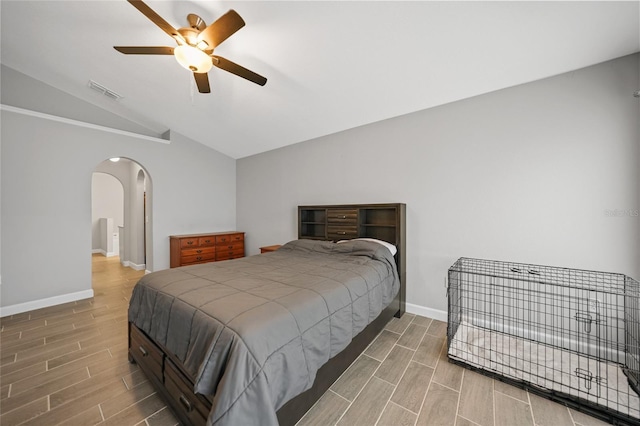 bedroom with ceiling fan and lofted ceiling