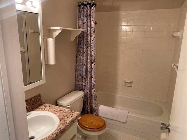 full bath with toilet, shower / bathtub combination with curtain, and vanity