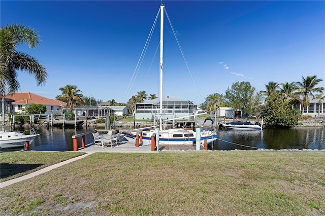 view of dock with a water view and a lawn