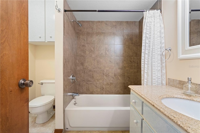 full bathroom with shower / bath combination with curtain, vanity, toilet, and tile patterned flooring