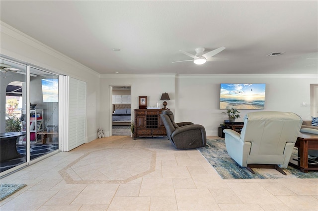 tiled living room with crown molding and ceiling fan