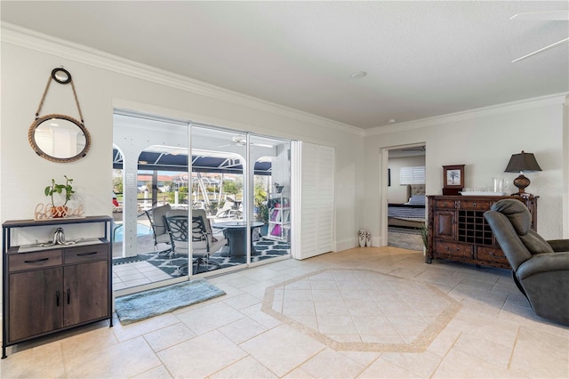 tiled living room with crown molding