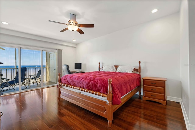 bedroom with ceiling fan, dark hardwood / wood-style floors, and access to outside