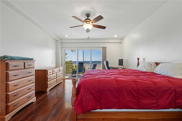 bedroom with dark hardwood / wood-style flooring, access to exterior, and ceiling fan