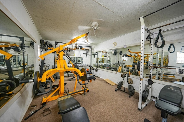 exercise room with a workshop area and a textured ceiling