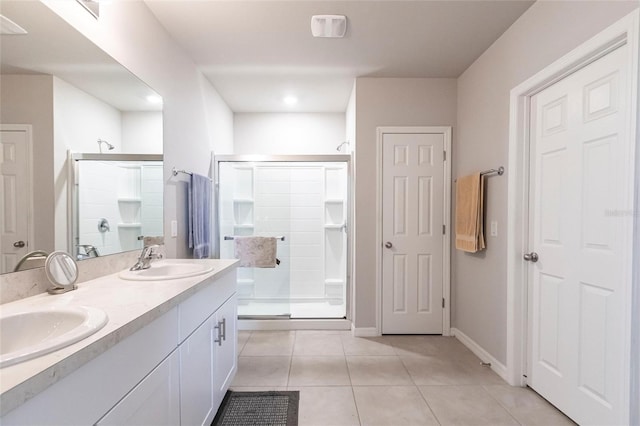 bathroom featuring tile patterned flooring, vanity, and a shower with door