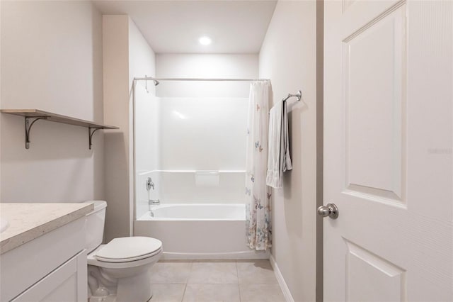 full bathroom with shower / tub combo, vanity, tile patterned floors, and toilet