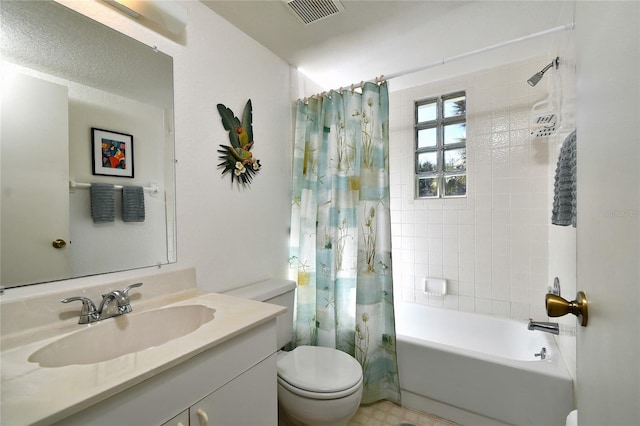 full bathroom with vanity, shower / bath combination with curtain, and toilet