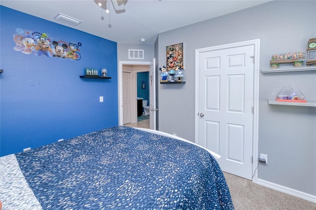 bedroom featuring carpet floors and ceiling fan