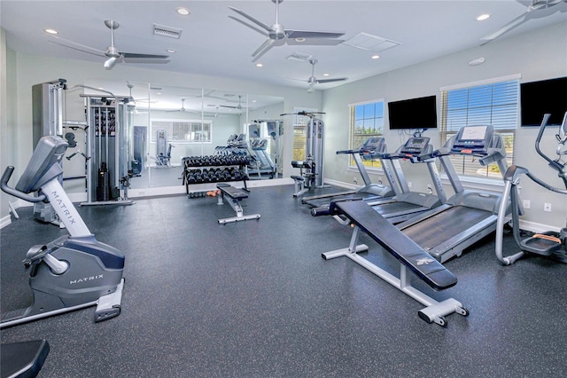 gym featuring ceiling fan