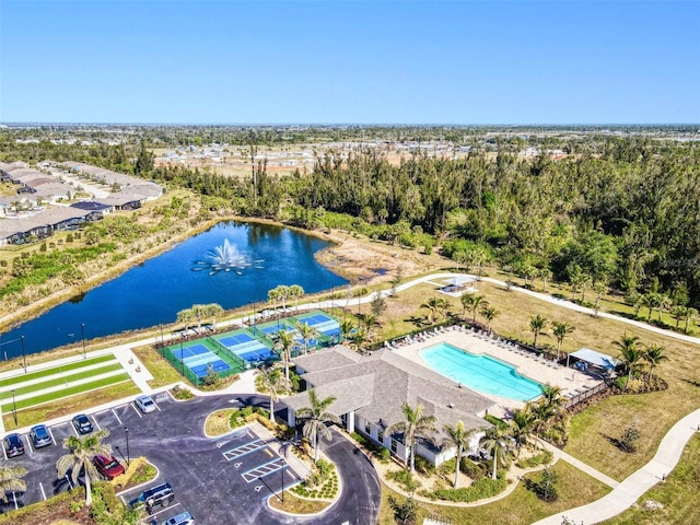 drone / aerial view featuring a water view