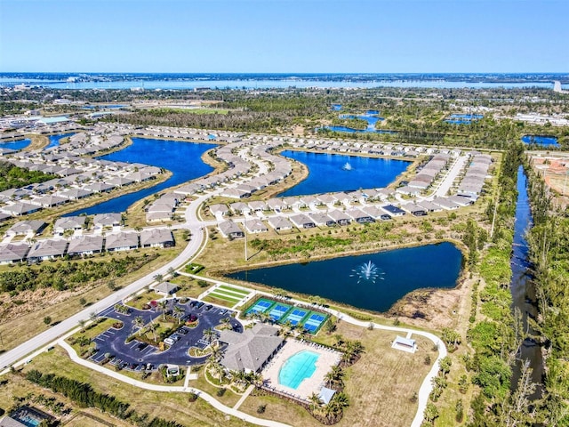 drone / aerial view with a water view