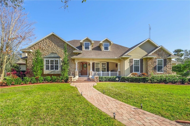 view of front facade featuring a front lawn and a porch