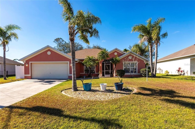 ranch-style home featuring a garage and a front lawn