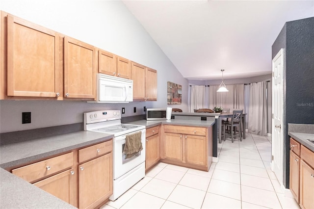 kitchen featuring lofted ceiling, decorative light fixtures, light tile patterned floors, kitchen peninsula, and white appliances