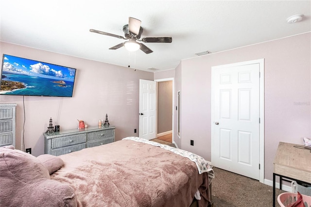 carpeted bedroom featuring ceiling fan