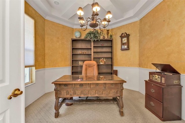 office space with coffered ceiling, beam ceiling, light carpet, and a notable chandelier