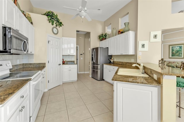 kitchen featuring sink, stainless steel appliances, kitchen peninsula, and white cabinets