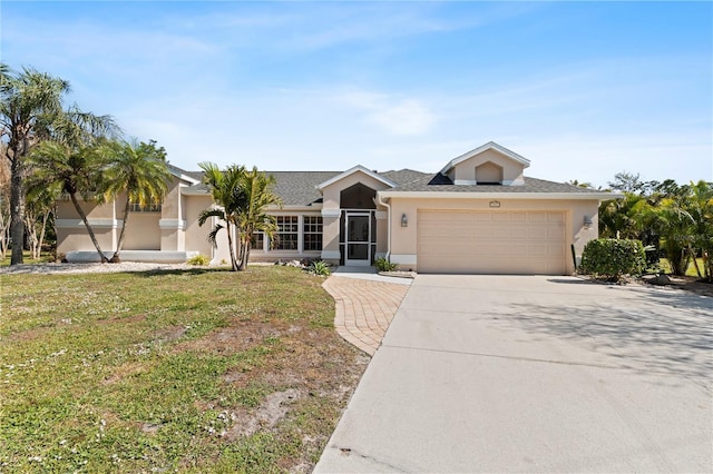 ranch-style home with a garage and a front yard