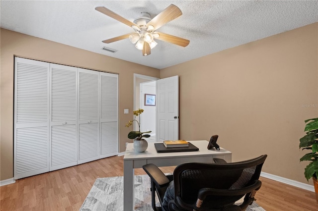 office space with ceiling fan, a textured ceiling, and light hardwood / wood-style floors