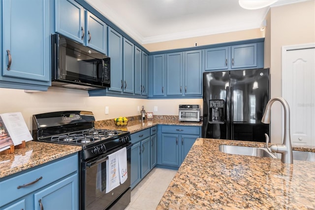 kitchen with blue cabinets, sink, crown molding, light tile patterned floors, and black appliances